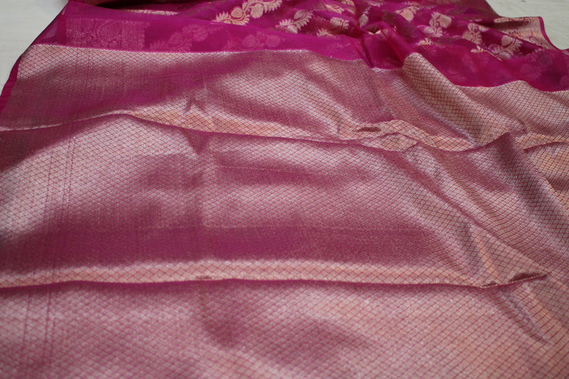 Rani Pink Kora Organza Handloom Banarasi Saree from Shades of Benares, stunning traditional attire.