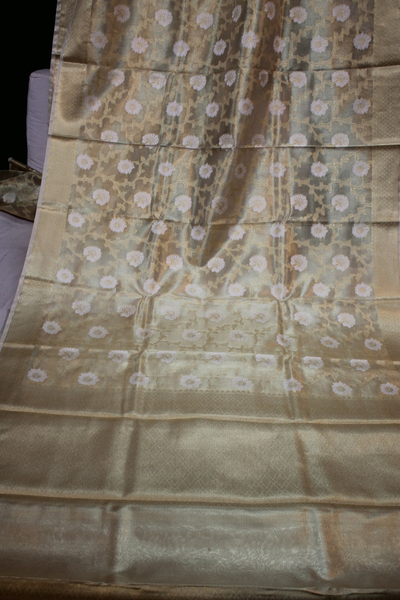  Limited Edition Golden Pure Tissue Silk Saree from shades of benares, radiating elegance.