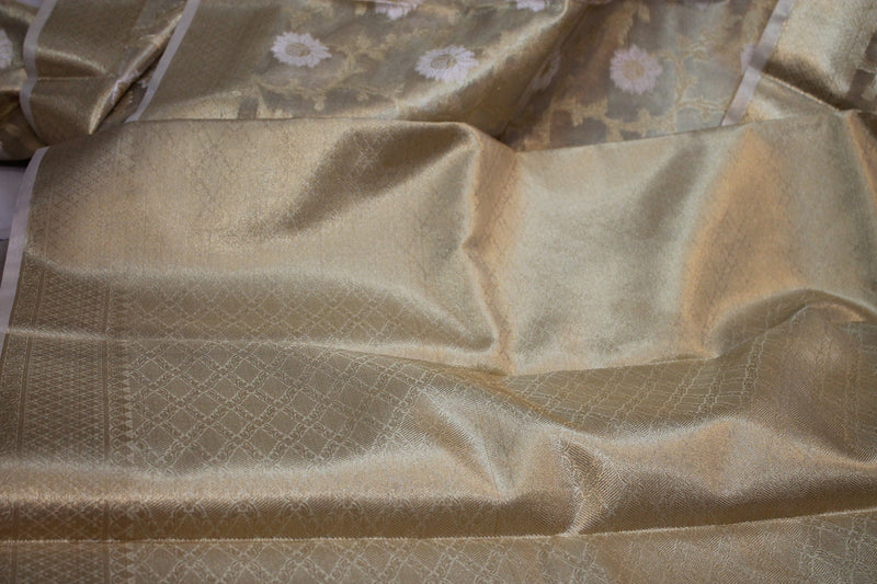 Elegantly designed Limited Edition Golden Pure Tissue Silk Saree by shades of benares.