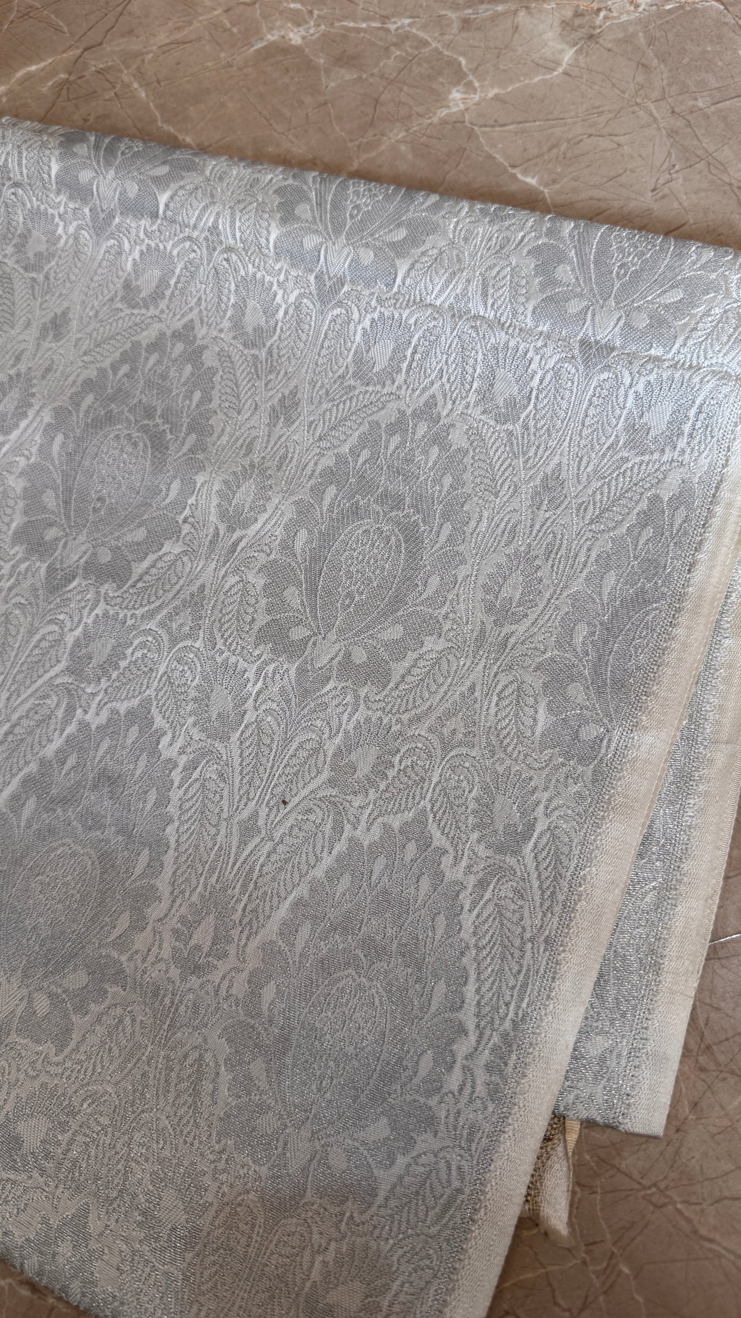 Opulent Moonlit Silver: Pure Silk Tanchui Brocade (By Meter) by Shades Of Banaras - banarasi - banarasi saree shop - banarasi saree manufacturers - banarasi saree wholesale - banaraasi sarees - banarasi sari - banarasi saris