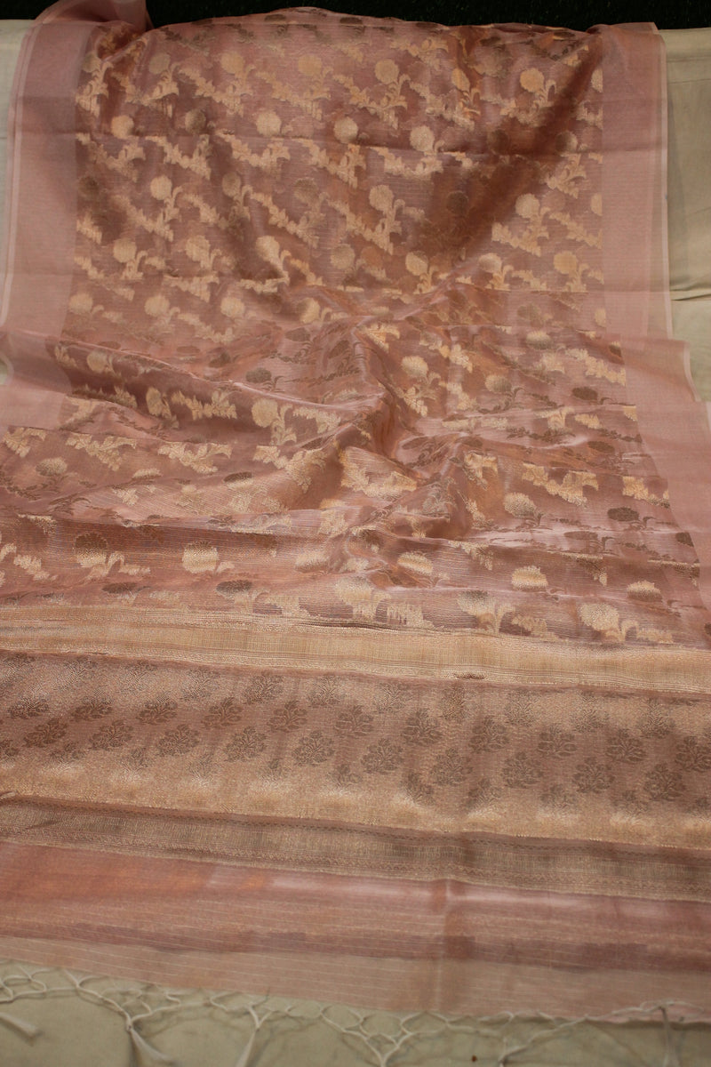 Pink Pure Tissue Silk Saree with Handwoven Gold Jaal Design by Shades of Benares.