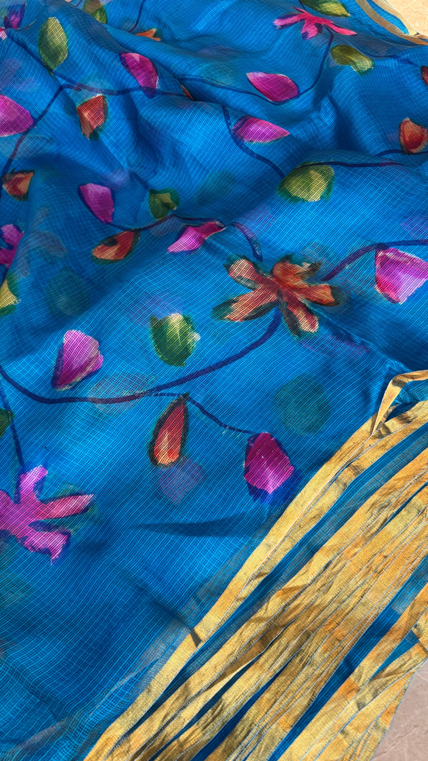 Ethereal Azure: Hand-Printed Pure Kora Organza Silk Couture (By Meter) by Shades Of Banaras - banarasi - banarasi saree shop - banarasi saree manufacturers - banarasi saree wholesale - banaraasi sarees - banarasi sari - banarasi saris