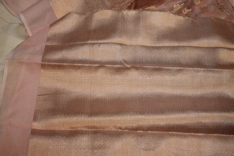 Shades of Benares Pink Tissue Silk Saree featuring Handwoven Gold Jaal Design.