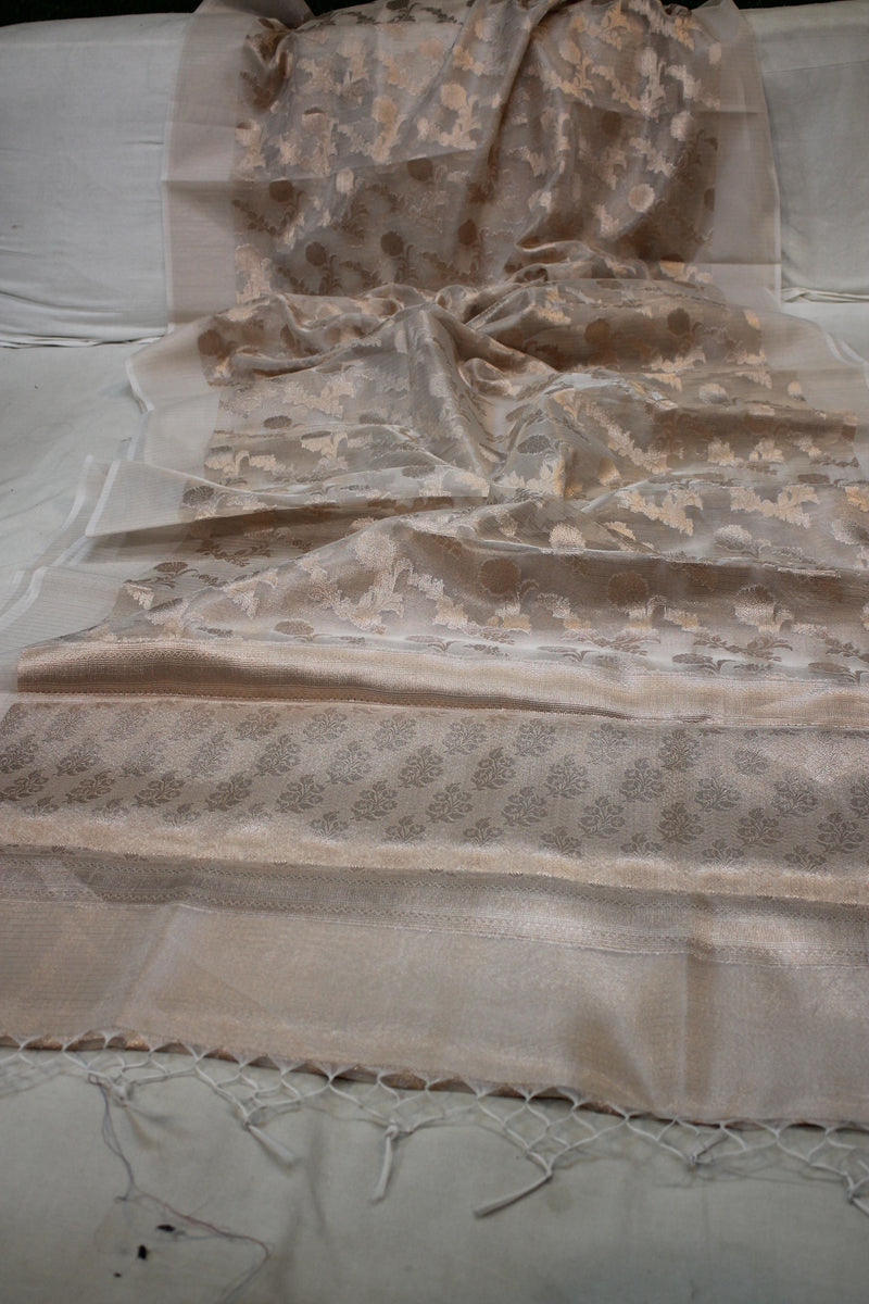Elegant Beige Banarasi Silk Saree with Intricate Gold Jaal Design by Shades of Benares.