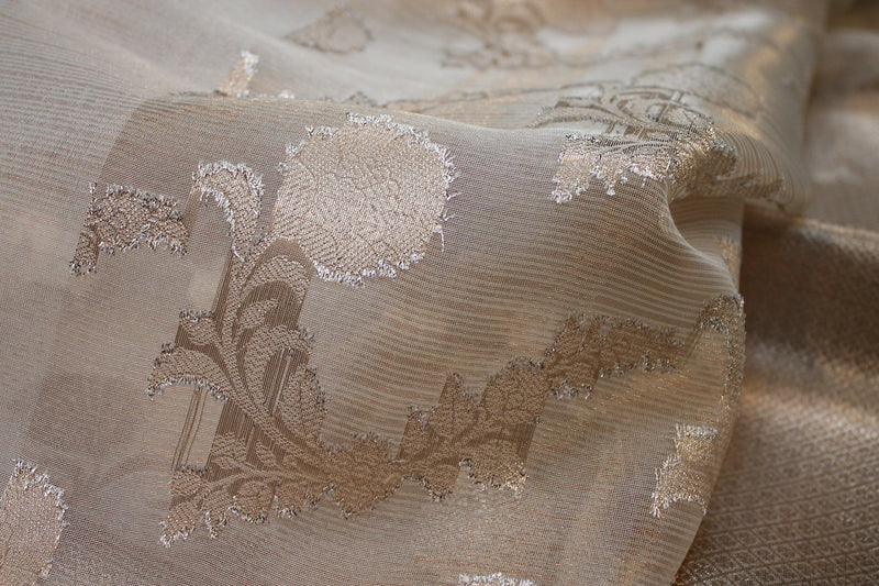 Sophisticated Beige Pure Tissue Banarasi Silk Saree featuring Artisanal Gold Jaal Design.