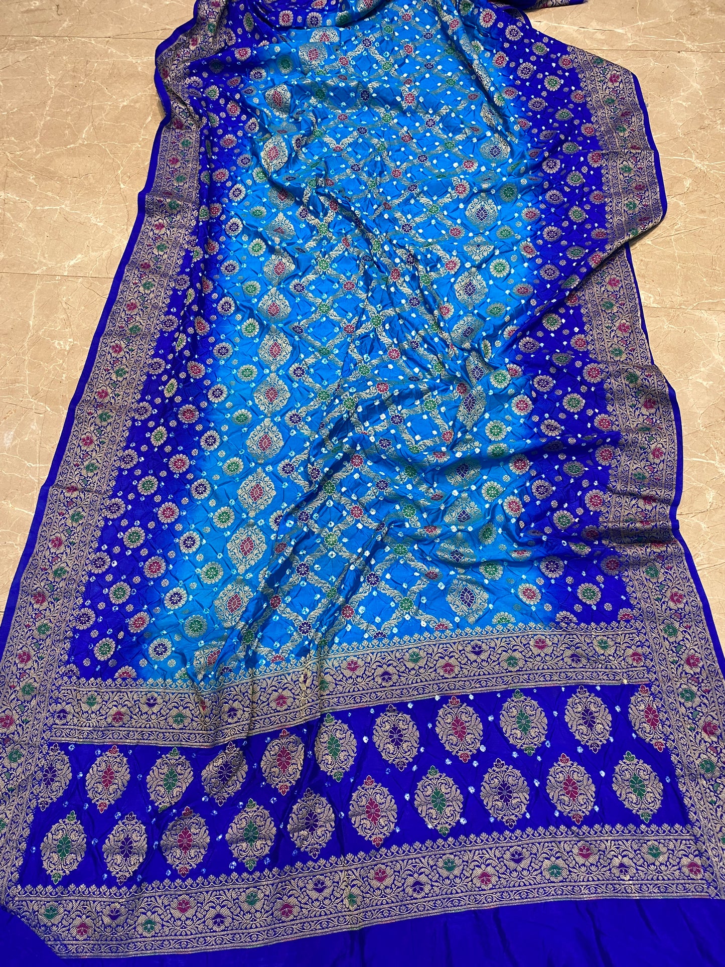 Blue Pure Chiffon Banarasi Bandhani Saree with Bandhani Blouse by Shades Of Banaras - banarasi - banarasi saree shop - banarasi saree manufacturers - banarasi saree wholesale - banaraasi sarees