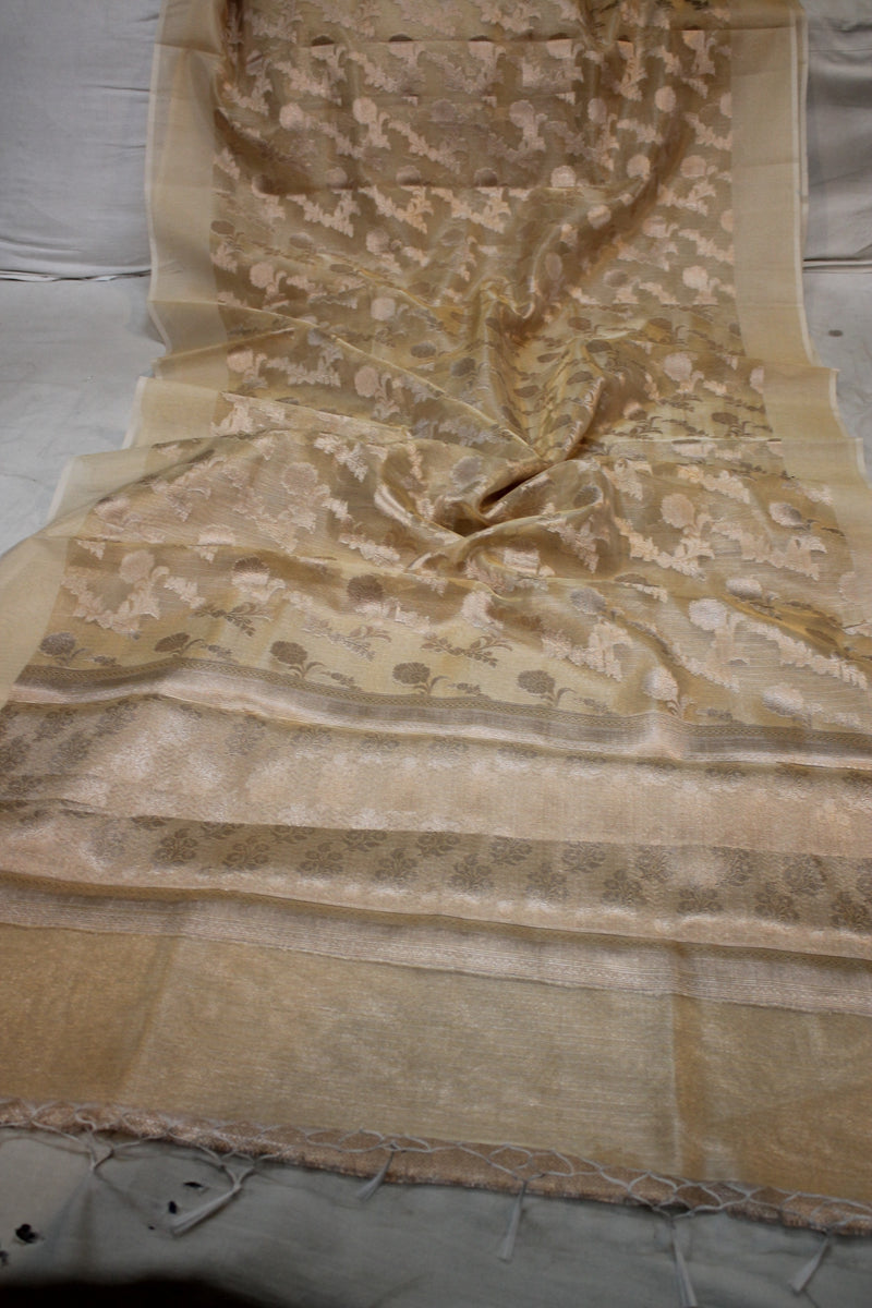 Chic Crème Pure Tissue Silk Banarasi Saree with Exquisite Gold Jaal Design by shades of benares.