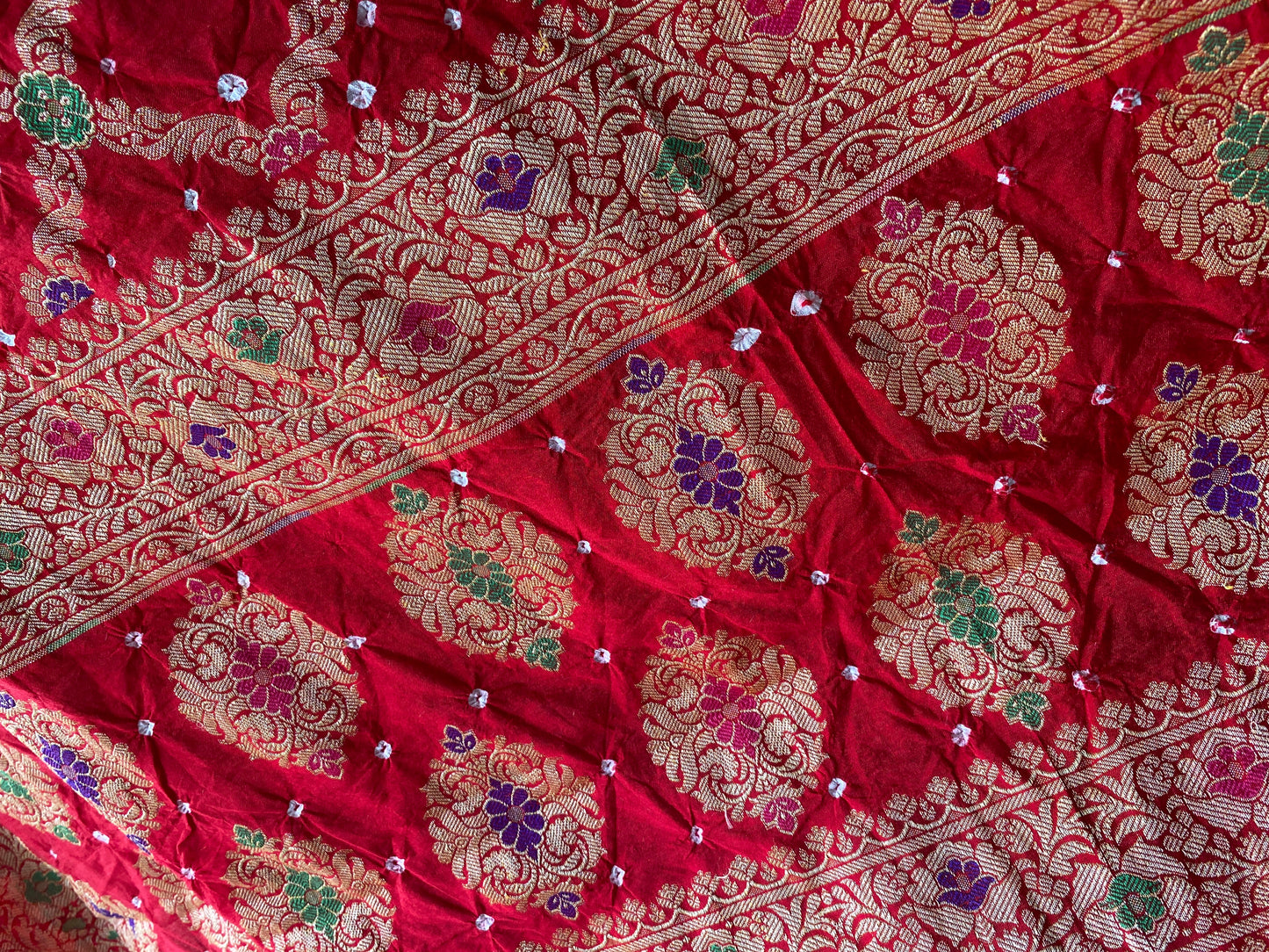 Classic Red Chiffon Banarasi Bandhani Saree with Minakari Work by Shades Of Banaras - banarasi - banarasi saree shop - banarasi saree manufacturers - banarasi saree wholesale - banaraasi sarees
