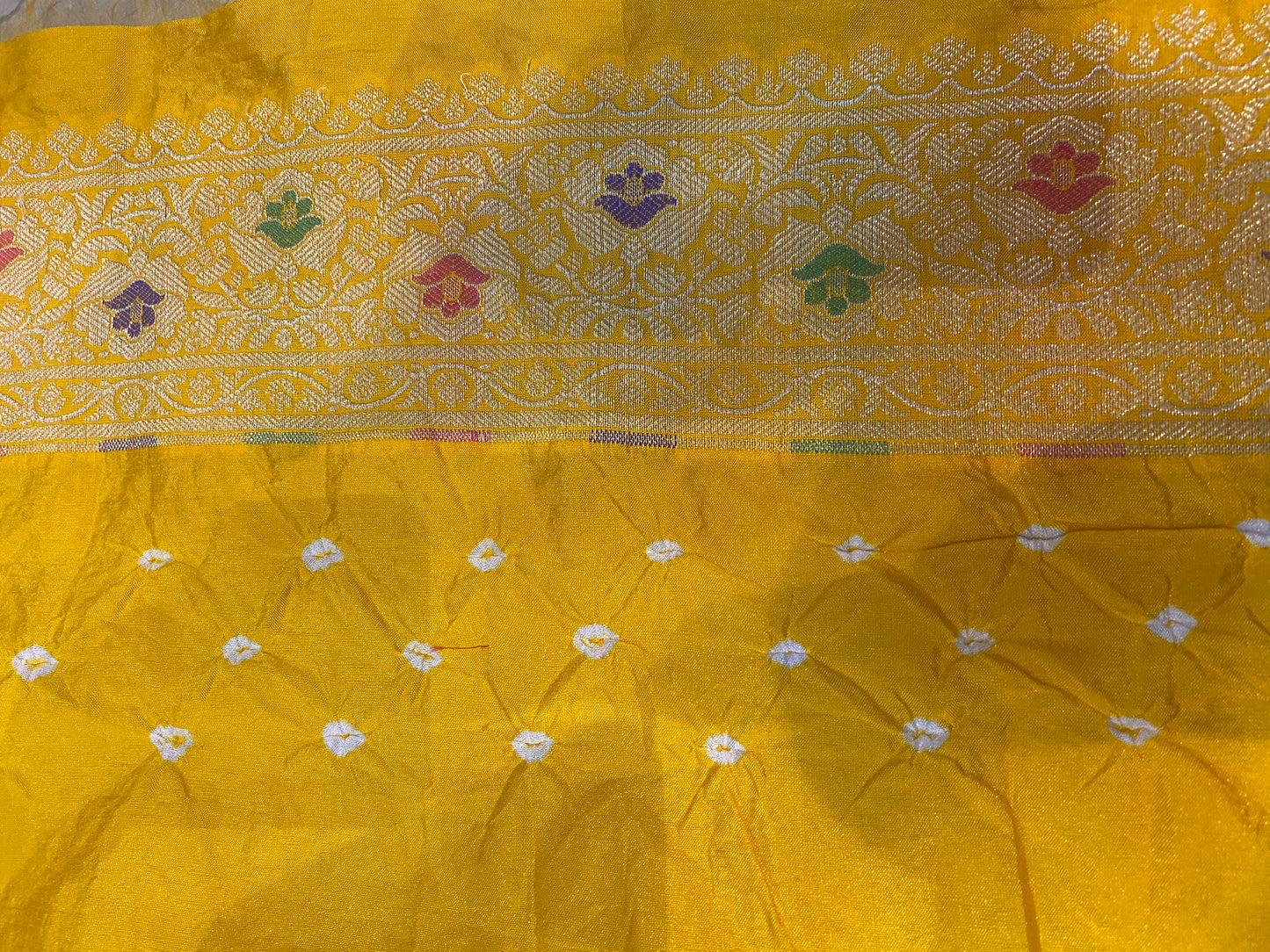 Yellow Chiffon Banarasi Bandhani Saree with Minakari Work by Shades Of Banaras - banarasi - banarasi saree shop - banarasi saree manufacturers - banarasi saree wholesale - banaraasi sarees