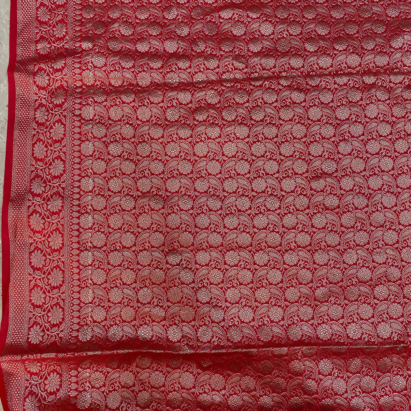 Captivating Banarasi: Red Pure Cotton Silk Saree with Silver Zari by Shades Of Banaras - banarasi - banarasi saree shop - banarasi saree manufacturers - banarasi saree wholesale - banaraasi sarees