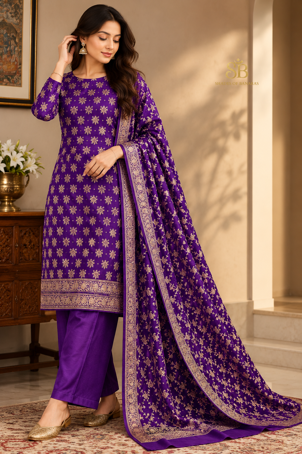 Royal Amethyst Purple Pure Cotton Silk Banarasi Suit Set - Shades of Banaras