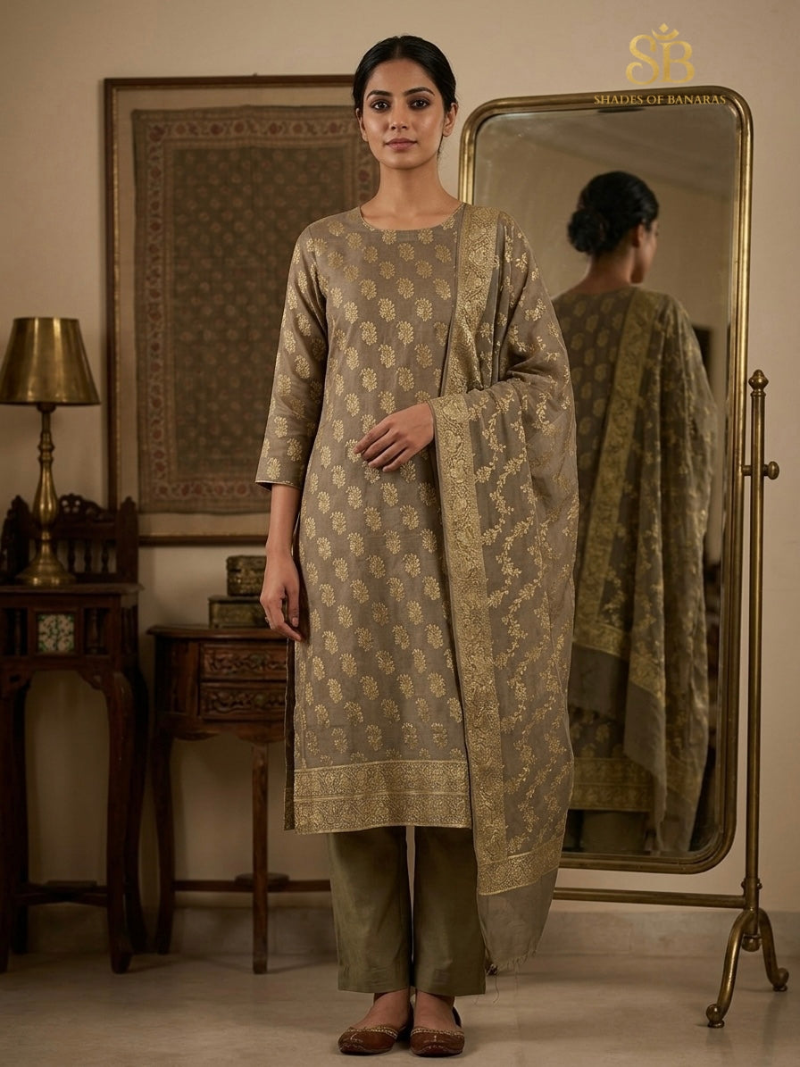 Antique Taupe Grey Couture Handloom Banarasi Katan Silk Suit Set - Shades of Banaras