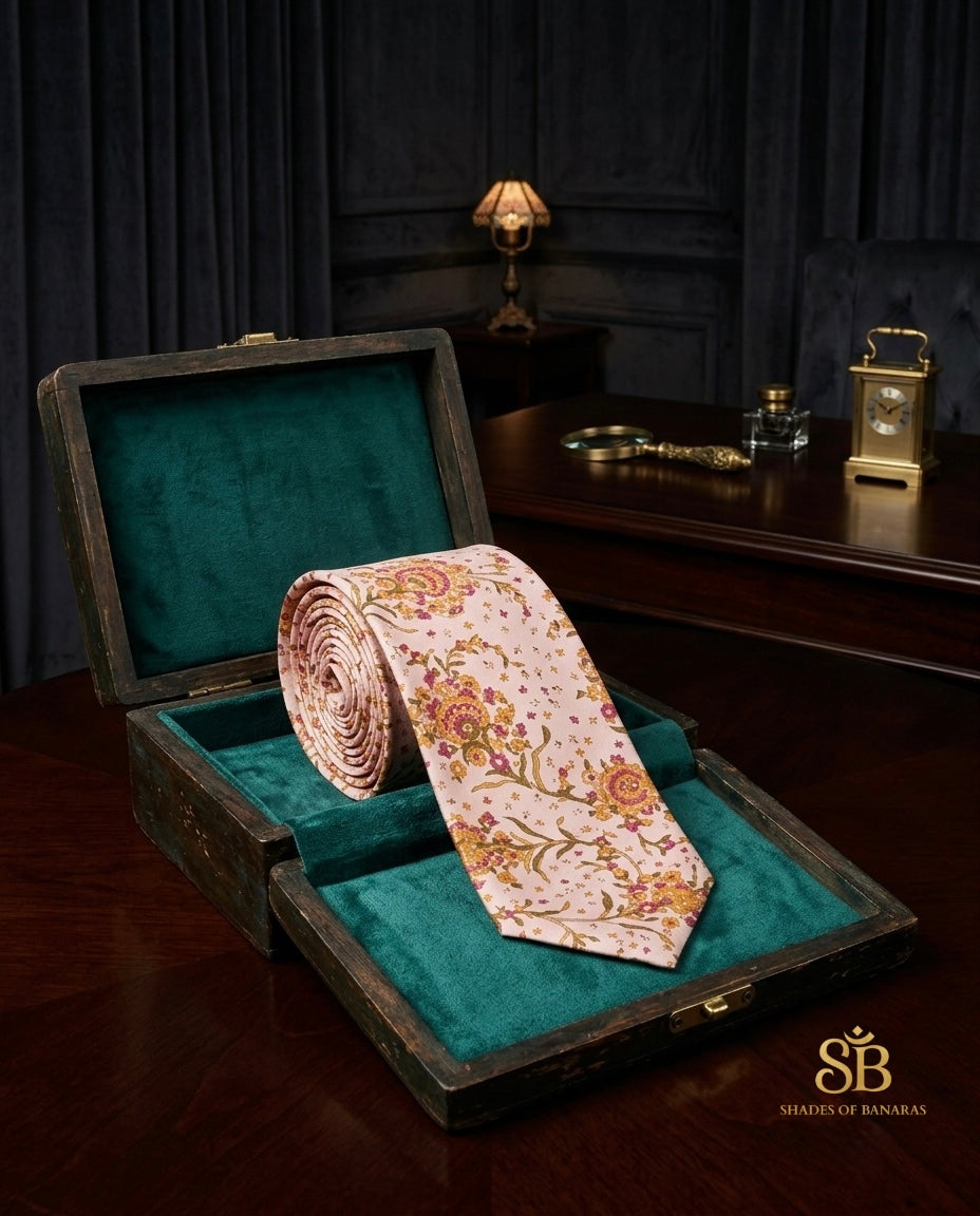 Baby Pink pure silk Banarasi handloom necktie with hand printed floral bouquet design - Shades of Banaras
