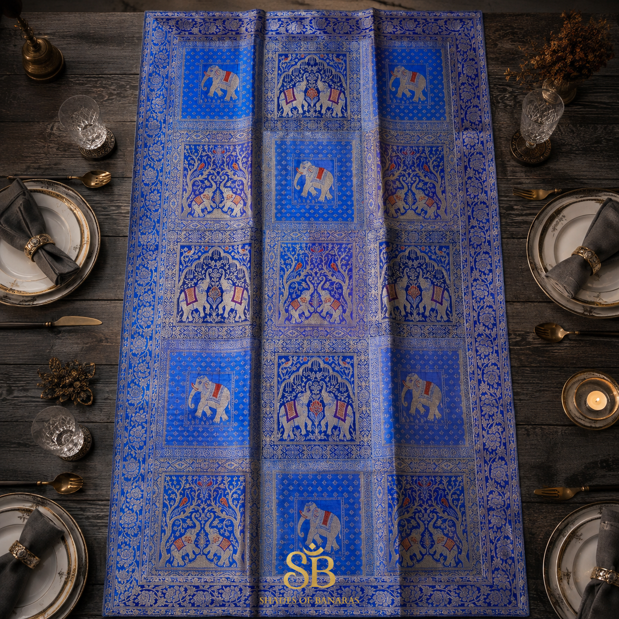 Blu Celeste Artigianale Couture Pure Brocade Silk Banarasi Table Runner – authentic Banarasi handloom weave – Shades of Banaras