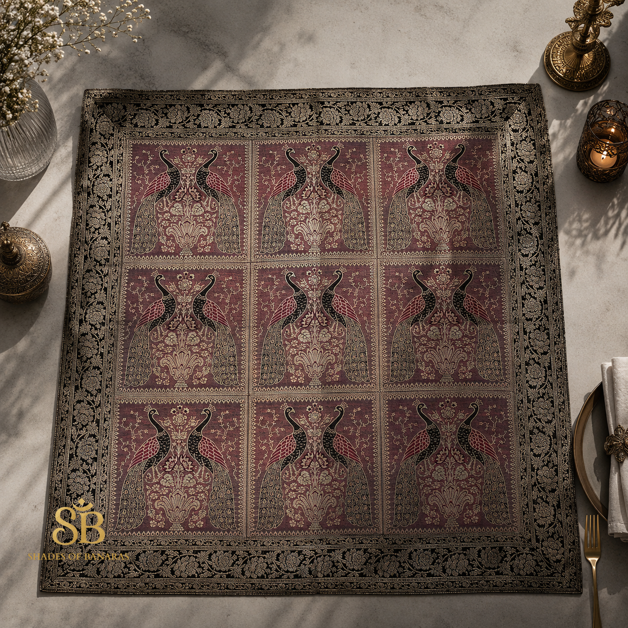 Arlecchino Maestoso Tessitura Couture Pure Brocade Silk Banarasi Table Runner – authentic Banarasi handloom weave – Shades of Banaras