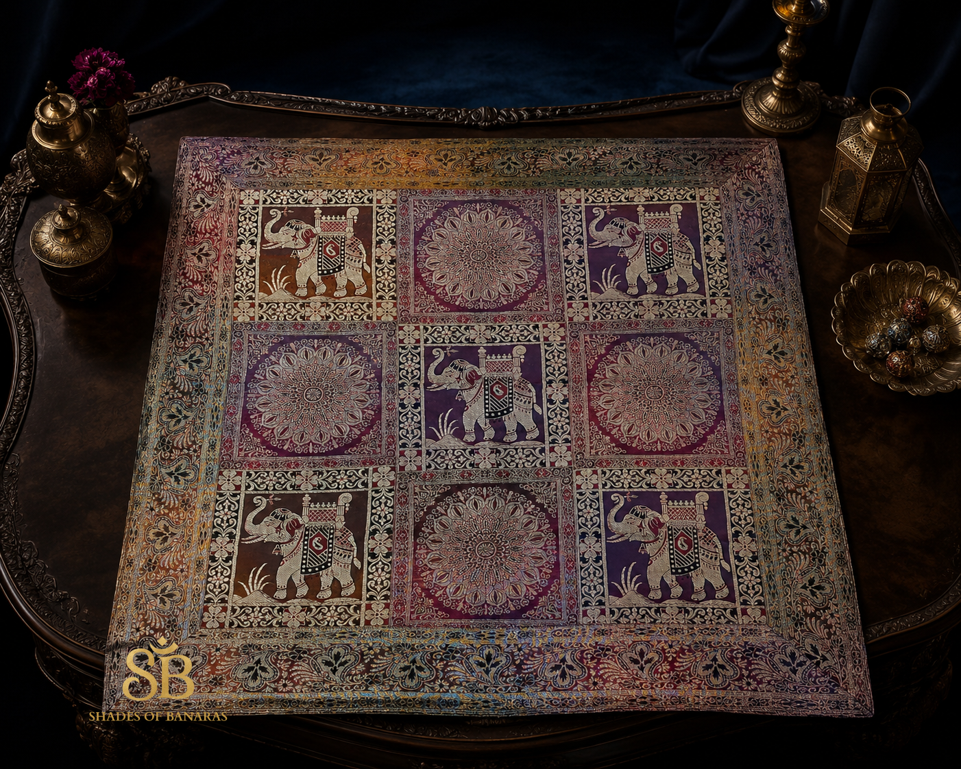 Arlecchino Radioso Artigianale Couture Pure Brocade Silk Banarasi Table Runner – authentic Banarasi handloom weave – Shades of Banaras