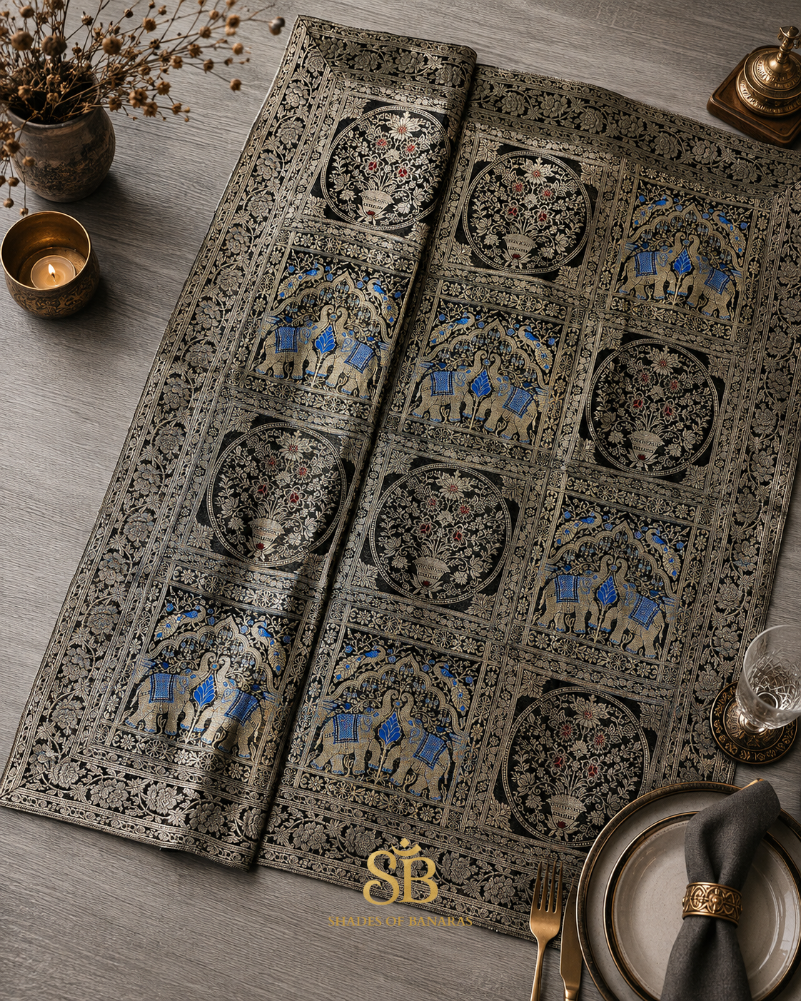 Nero Nobile Artigianale Couture Pure Brocade Silk Banarasi Table Runner – authentic Banarasi handloom weave – Shades of Banaras
