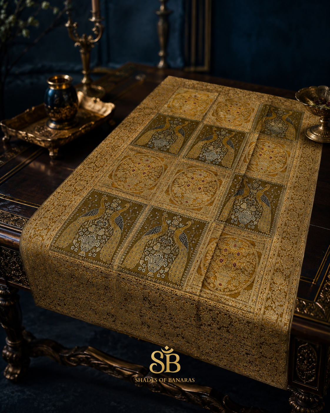 Giallo Dorato Manotessuta Couture Pure Brocade Silk Banarasi Table Runner – authentic Banarasi handloom weave – Shades of Banaras