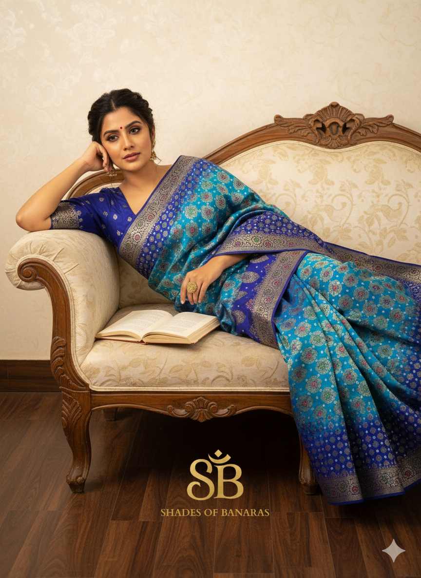 Luxury Blue Pure Chiffon Handloom Bandhani Saree by Shades Of Banaras - banarasi - banarasi saree shop - banarasi saree manufacturers - banarasi saree wholesale - banaraasi sarees