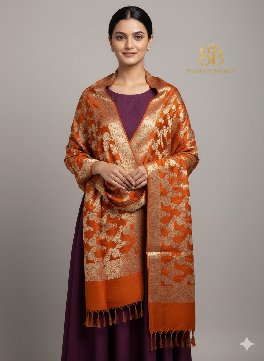 Orange Pure Cotton Silk Banarasi Dupatta – Handwoven Elegance by Shades Of Banaras - banarasi - banarasi saree shop - banarasi saree manufacturers - banarasi saree wholesale - banaraasi sarees