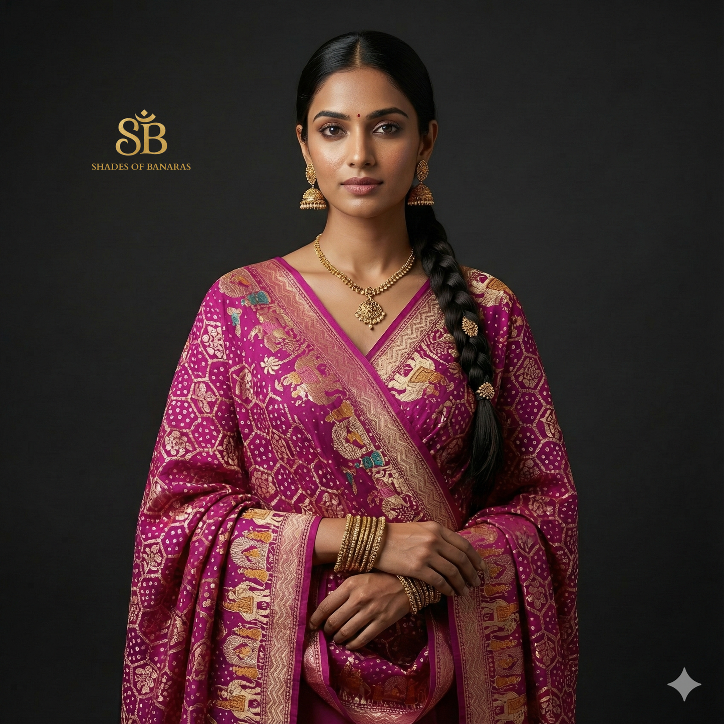 The Gulabi Grace: Pink Khaddi Georgette Bandhani Banarasi Dupatta by Shades Of Banaras - banarasi - banarasi saree shop - banarasi saree manufacturers - banarasi saree wholesale - banaraasi sarees