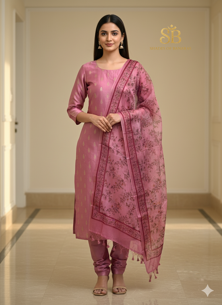 The Pink Dream: Banarasi Chanderi & Digital Organza Suit by Shades Of Banaras - banarasi - banarasi saree shop - banarasi saree manufacturers - banarasi saree wholesale - banaraasi sarees