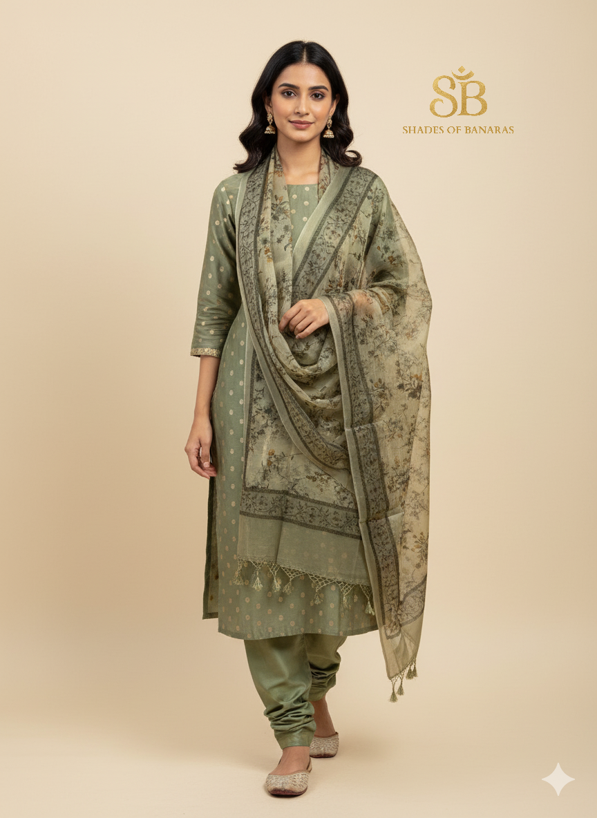 The Banarasi Muse: Olive Grey & Digital Organza Suit by Shades Of Banaras - banarasi - banarasi saree shop - banarasi saree manufacturers - banarasi saree wholesale - banaraasi sarees