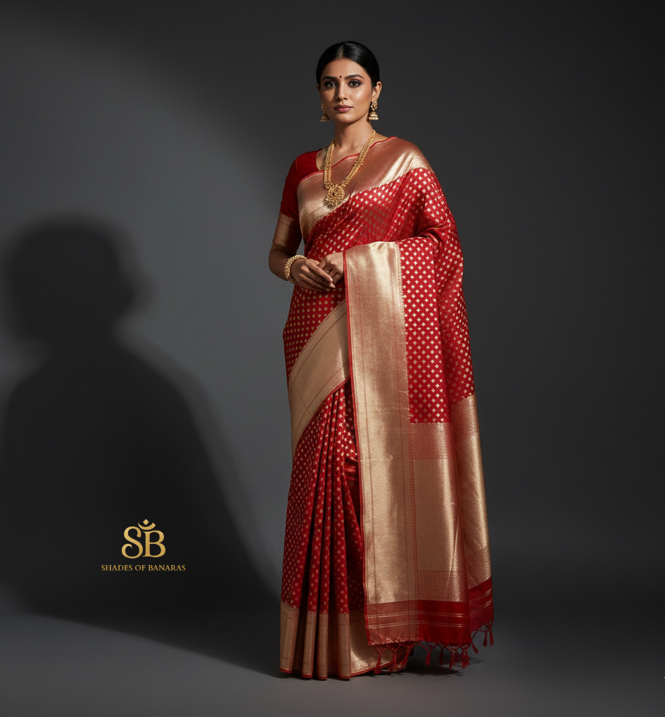 Classic Red Pure Silk Banarasi Saree with Handwoven Butis by Shades Of Banaras - banarasi - banarasi saree shop - banarasi saree manufacturers - banarasi saree wholesale - banaraasi sarees - banarasi sari - banarasi saris