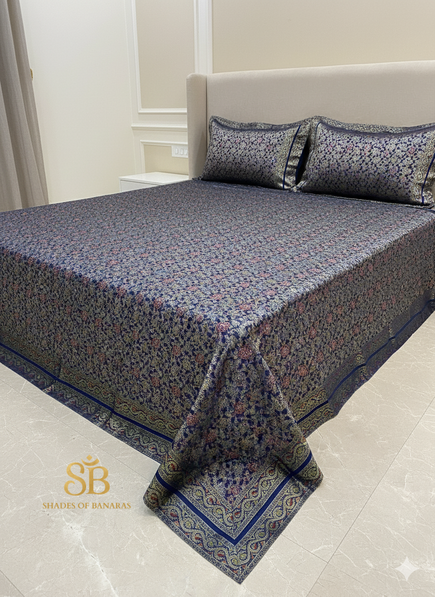 Luxury Navy Blue Pure Dupion Banarasi Bedcover Set by Shades Of Banaras - banarasi - banarasi saree shop - banarasi saree manufacturers - banarasi saree wholesale - banaraasi sarees