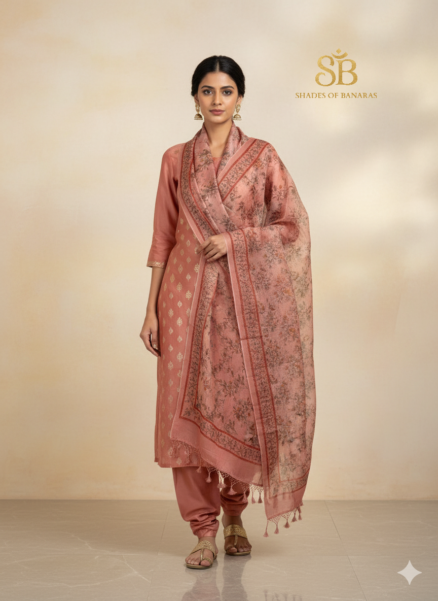 The Peach Dream: Banarasi Chanderi & Digital Organza Suit by Shades Of Banaras - banarasi - banarasi saree shop - banarasi saree manufacturers - banarasi saree wholesale - banaraasi sarees