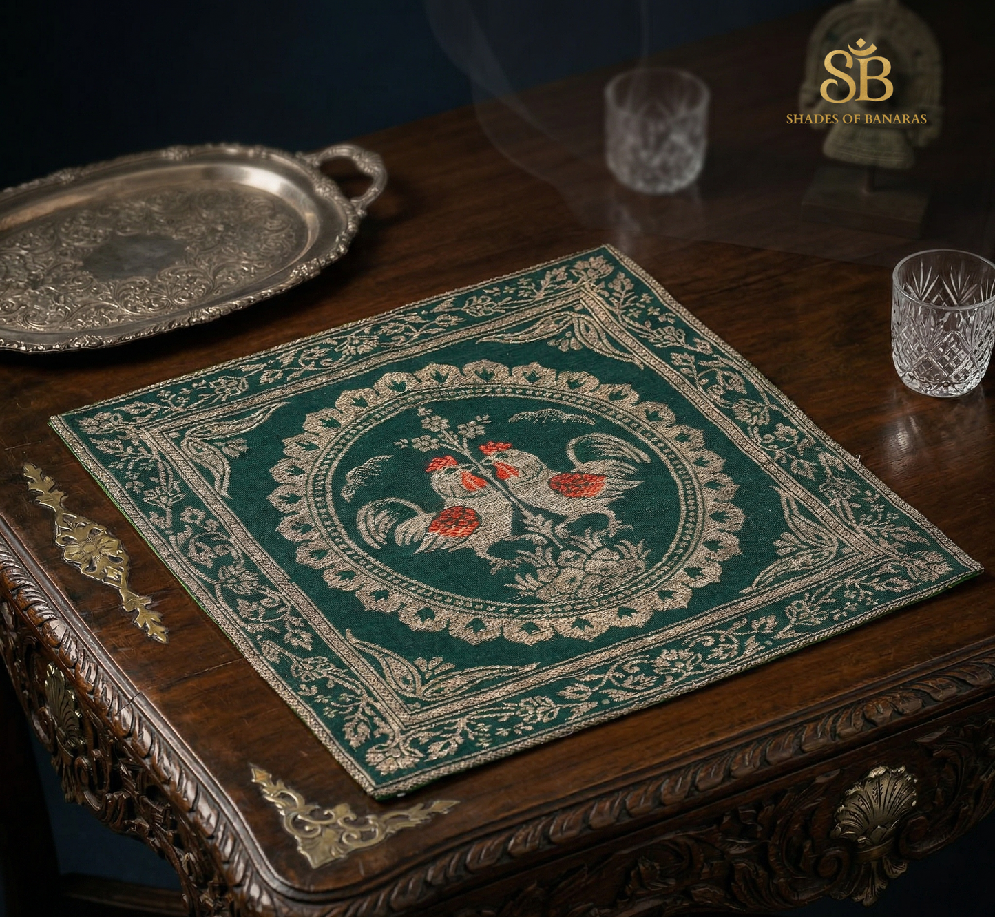The Emerald Veridian Luxe: Pure Banarasi Dupion Silk Petit Table Mat by Shades Of Banaras - banarasi - banarasi saree shop - banarasi saree manufacturers - banarasi saree wholesale - banaraasi sarees - banarasi sari - banarasi saris - silk saree - silk sari - wedding saree - wedding sari - designer sari - wedding collection - gifting