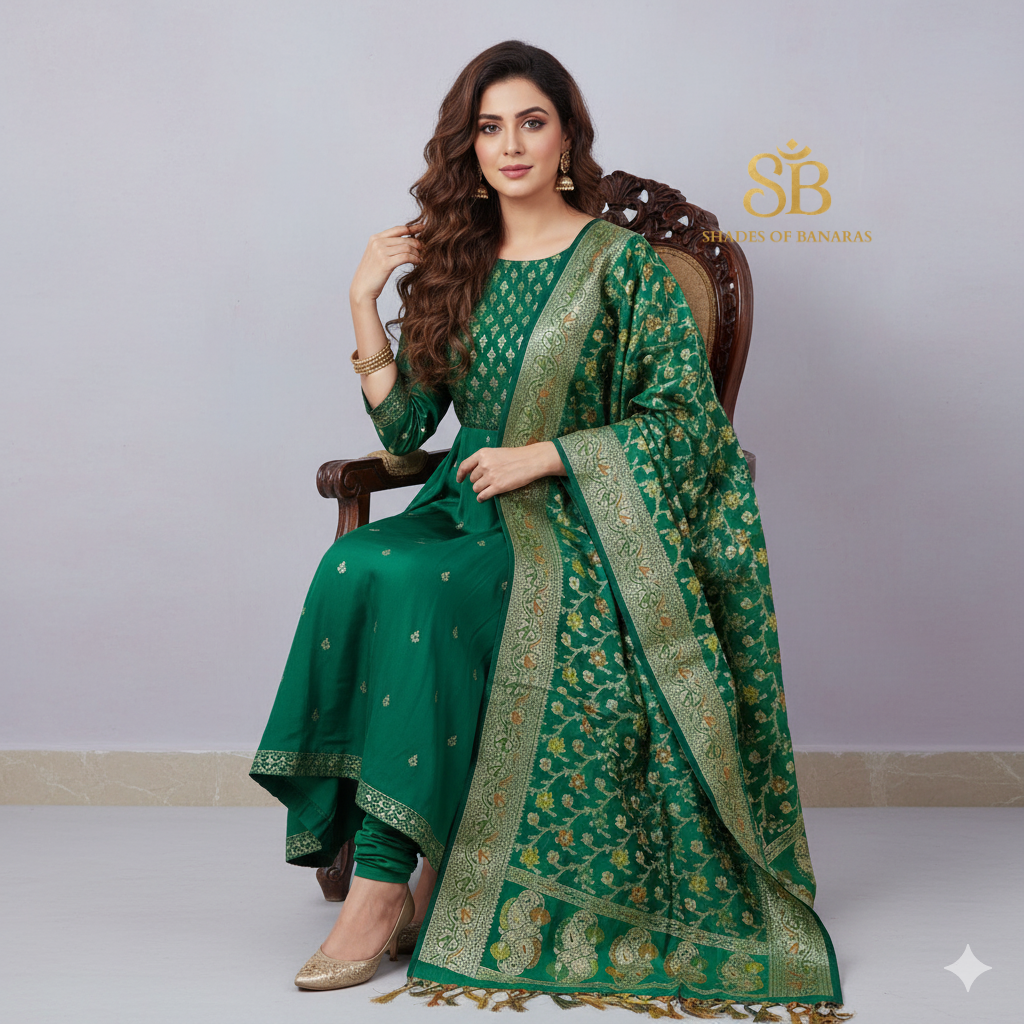 Eternal Emerald Minakari Katan Soft Silk Banarasi Dupatta by Shades Of Banaras - banarasi - banarasi saree shop - banarasi saree manufacturers - banarasi saree wholesale - banaraasi sarees