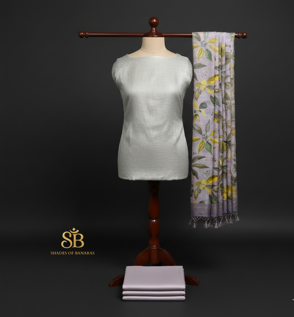 Aura of Lavender Grey: Handloom Banarasi Unstitched Suit Set