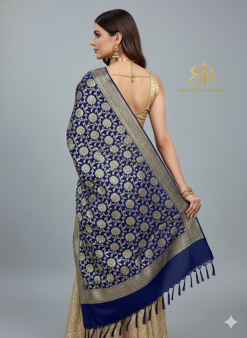 Navy Blue Katan Soft Silk Banarasi Dupatta – All Over Jaal Weave by Shades Of Banaras - banarasi - banarasi saree shop - banarasi saree manufacturers - banarasi saree wholesale - banaraasi sarees