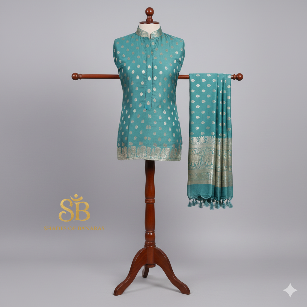 Sea Mist Royale — Handwoven Banarasi Silk Suit Set (2 pcs)