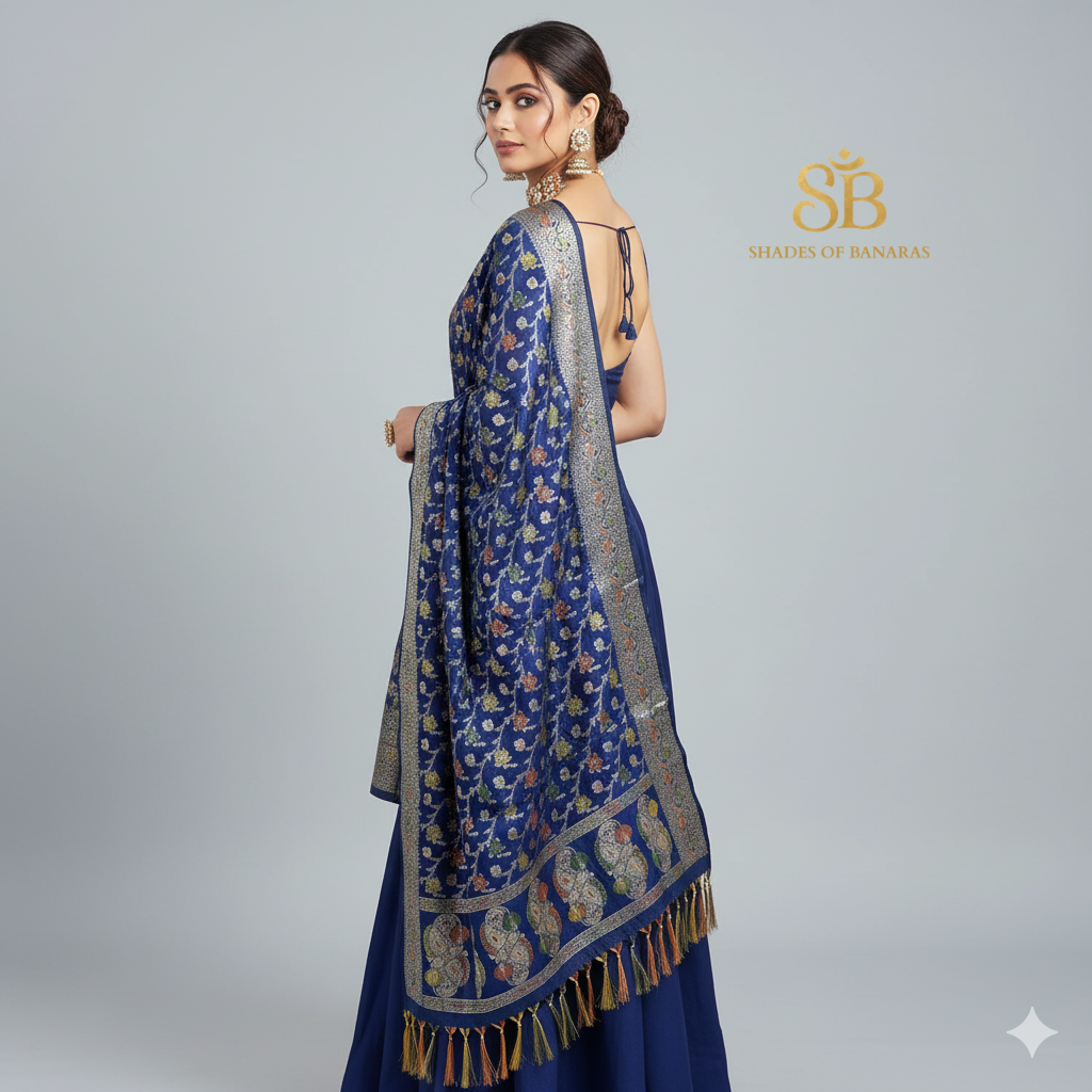 Navy Blue Minakari Katan Soft Silk Banarasi Dupatta by Shades Of Banaras - banarasi - banarasi saree shop - banarasi saree manufacturers - banarasi saree wholesale - banaraasi sarees