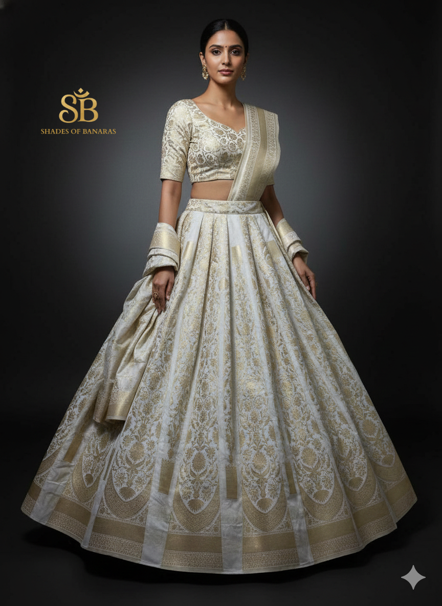 Alabaster Alchemy Luxe Couture — White Dyeable Banarasi Silk Lehenga by Shades Of Banaras - banarasi - banarasi saree shop - banarasi saree manufacturers - banarasi saree wholesale - banaraasi sarees
