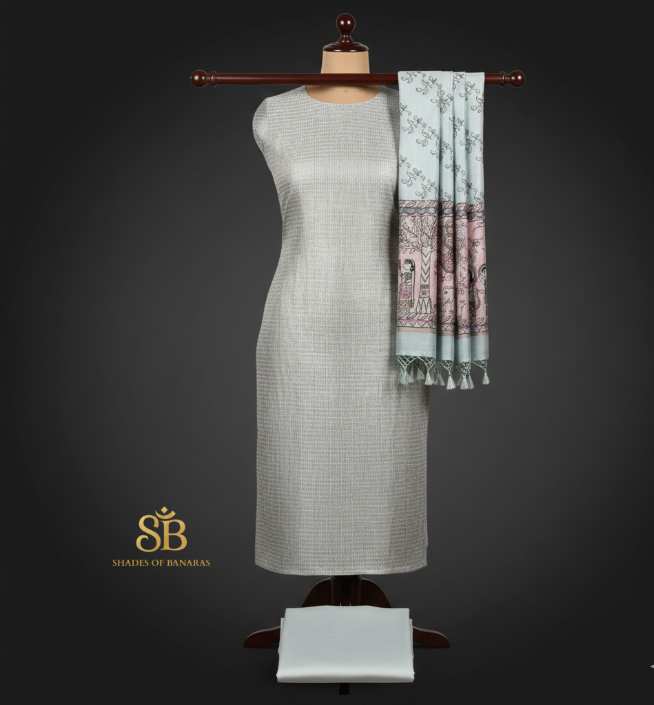 Silver Blue Handloom Banarasi Cotton Unstitched Suit Set