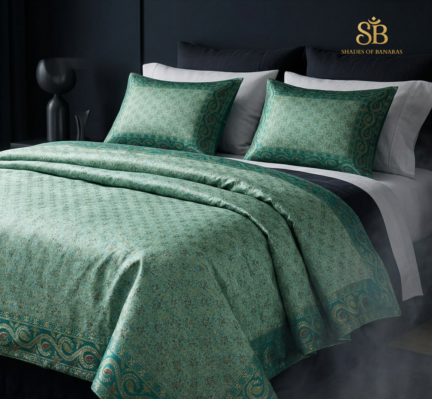 Emerald Couture Pure Dupion Silk Banarasi Handloom Bedcover Set