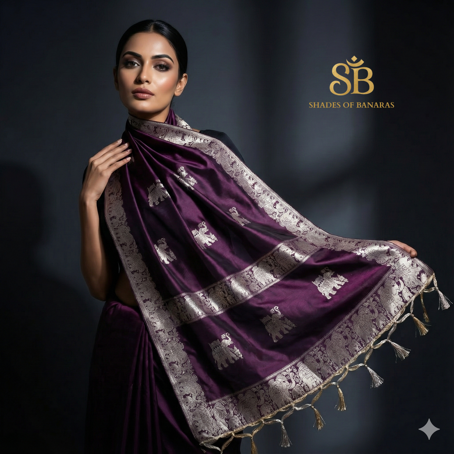 Maharani Wine – Pure Silk Banarasi Luxury Scarf (Kadhwa Elephant Motif) by Shades Of Banaras - banarasi - banarasi saree shop - banarasi saree manufacturers - banarasi saree wholesale - banaraasi sarees