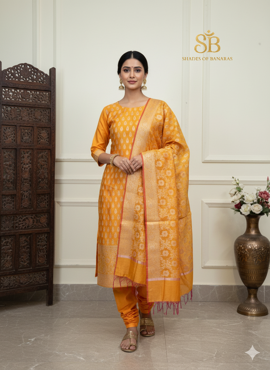 Sunshine Yellow Pure Cotton Handloom Banarasi Suit Set by Shades Of Banaras - banarasi - banarasi saree shop - banarasi saree manufacturers - banarasi saree wholesale - banaraasi sarees