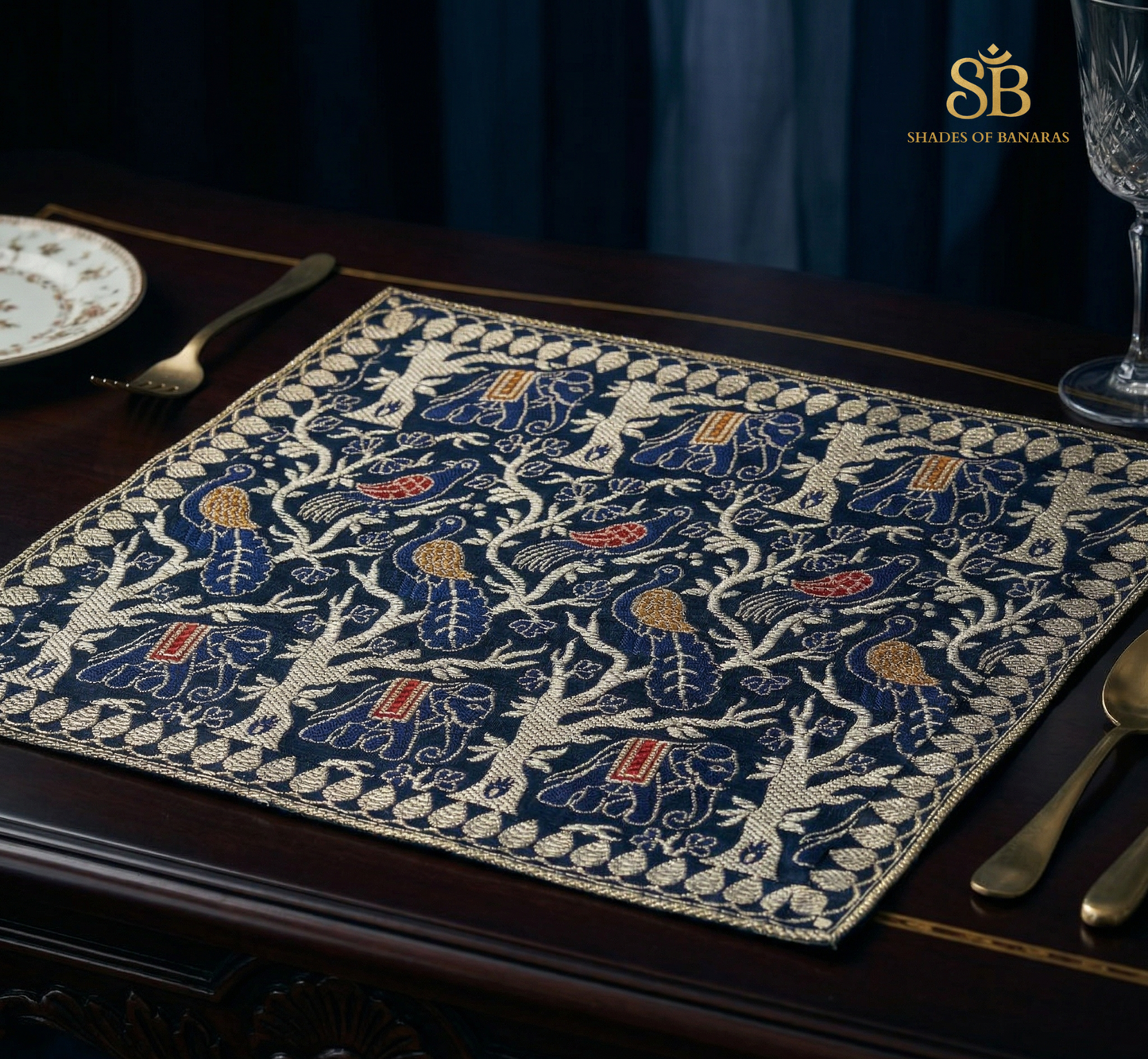 The Midnight Navy Couture: Pure Banarasi Dupion Silk Petit Table Mat by Shades Of Banaras - banarasi - banarasi saree shop - banarasi saree manufacturers - banarasi saree wholesale - banaraasi sarees - banarasi sari - banarasi saris - silk saree - silk sari - wedding saree - wedding sari - designer sari - wedding collection - gifting