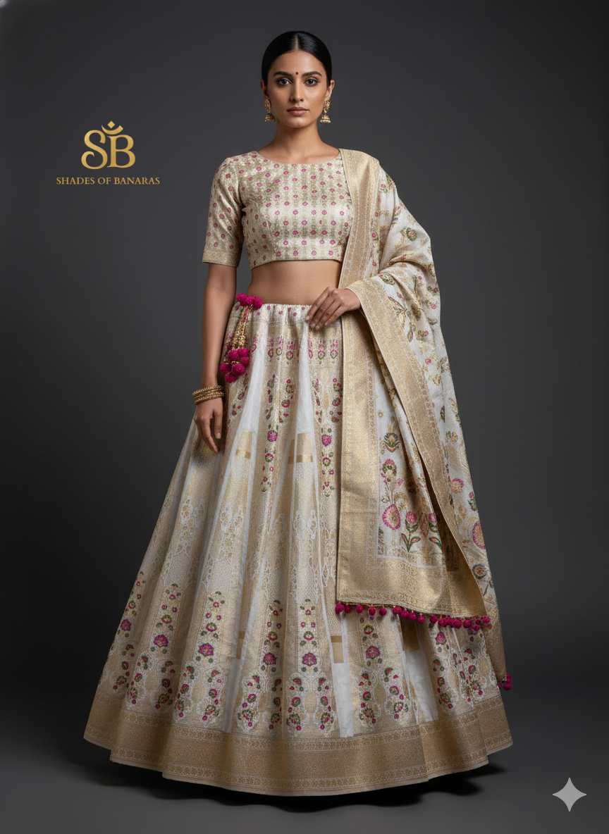 Ethereal Pearl Luxe Couture — White Banarasi Silk Lehenga by Shades Of Banaras - banarasi - banarasi saree shop - banarasi saree manufacturers - banarasi saree wholesale - banaraasi sarees