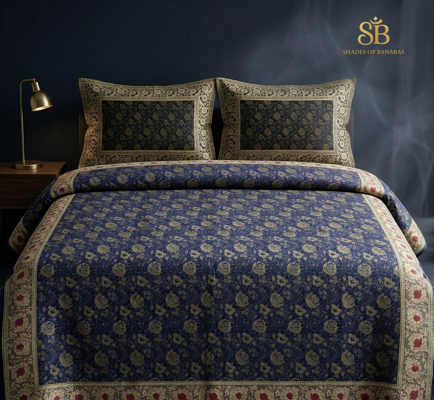 Midnight Luxe: Navy Blue Pure Dupion Silk Banarasi Bedcover Set