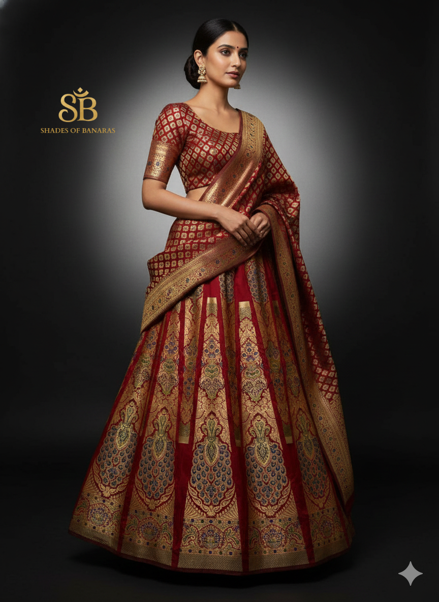 Crimson Regal Luxe Couture — Red Banarasi Silk Lehenga by Shades Of Banaras - banarasi - banarasi saree shop - banarasi saree manufacturers - banarasi saree wholesale - banaraasi sarees