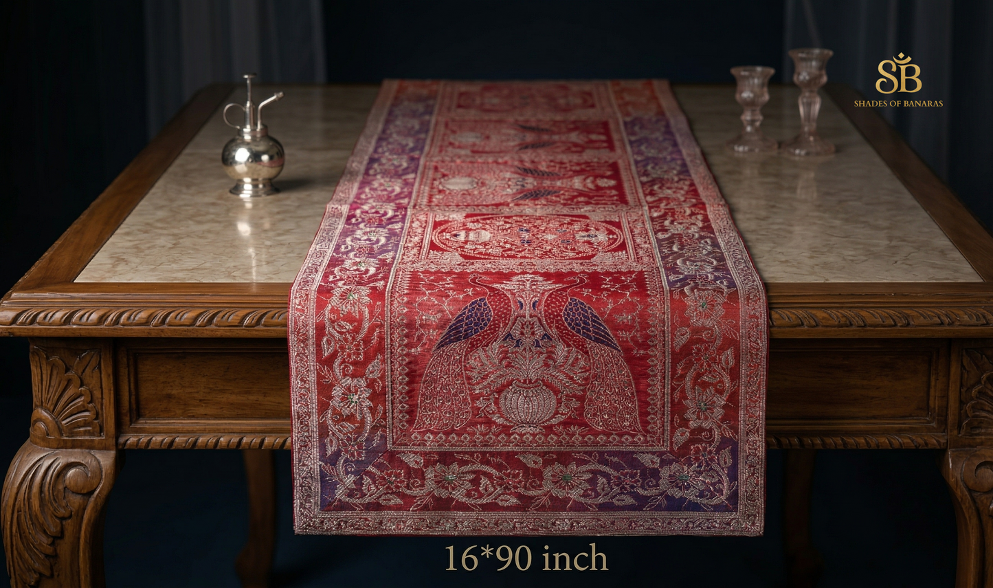 Manhattan Gold-Leaf: Hand-Loomed Couture Table Elegance by Shades Of Banaras - banarasi - banarasi saree shop - banarasi saree manufacturers - banarasi saree wholesale - banaraasi sarees - banarasi sari - banarasi saris - silk saree - silk sari - wedding saree - wedding sari - designer sari - wedding collection - gifting