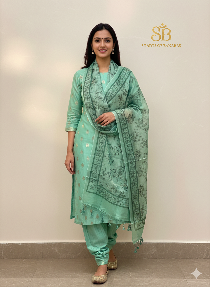 The Banarasi Breeze: Mint Green Chanderi & Digital Organza Suit by Shades Of Banaras - banarasi - banarasi saree shop - banarasi saree manufacturers - banarasi saree wholesale - banaraasi sarees