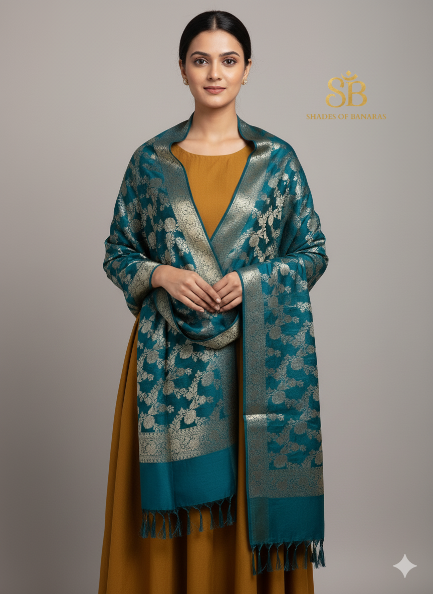 Teal Blue Banarasi Dupatta: Pure Cotton Silk by Shades Of Banaras - banarasi - banarasi saree shop - banarasi saree manufacturers - banarasi saree wholesale - banaraasi sarees