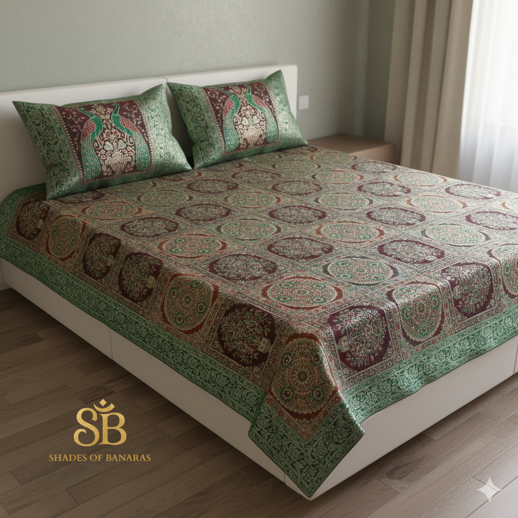 Emerald Grandeur Pure Brocade Banarasi Bedcover Set (Handloom Signature Collection)