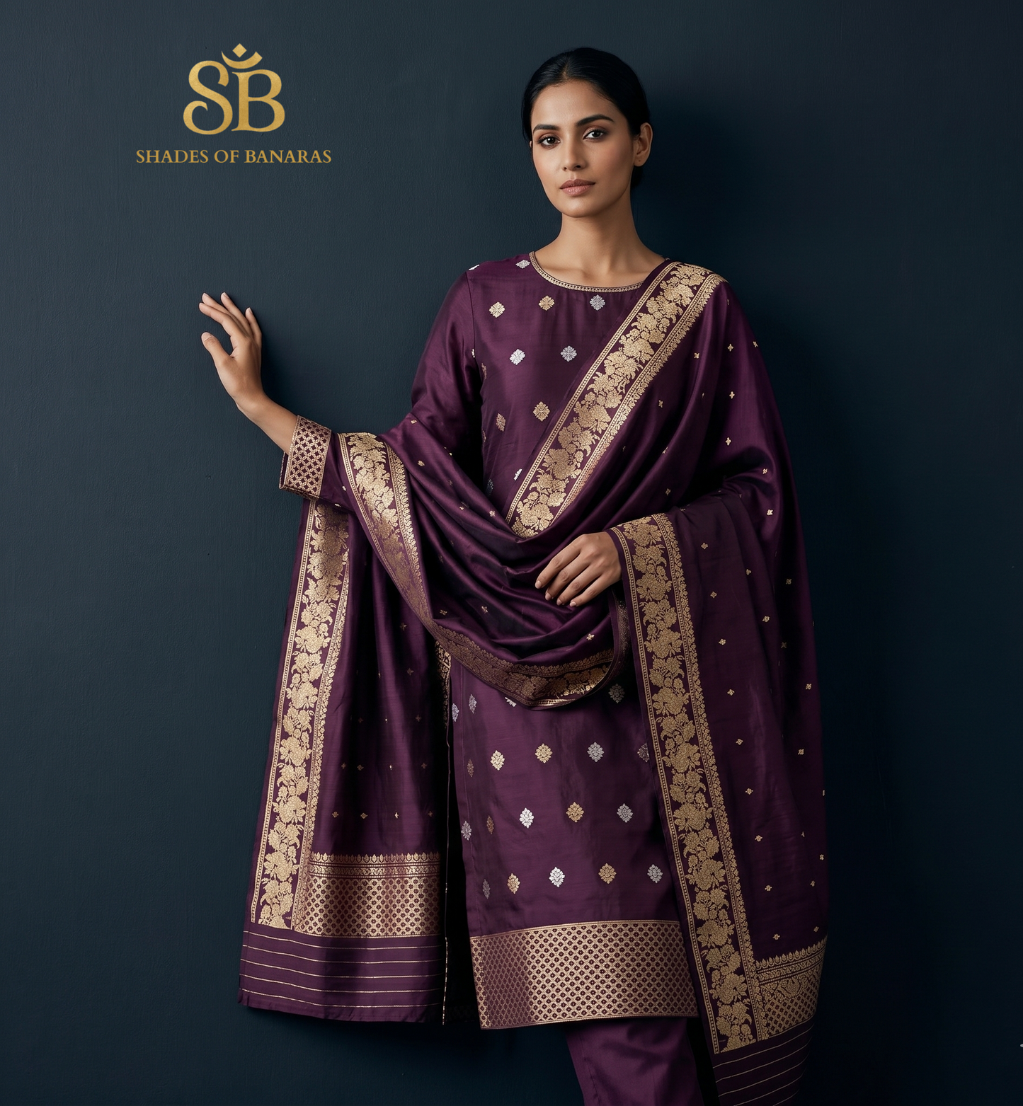 Wine Banarasi Kadhua Luxe Suit — Pure Silk Handloom Couture Set